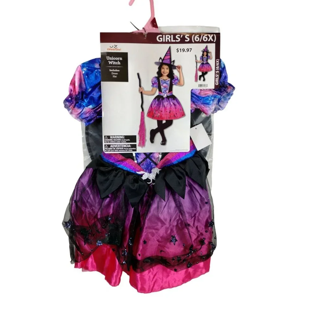 Celebrate! Girls S (6/6X) Unicorn Witch Dress and Hat Halloween Costume